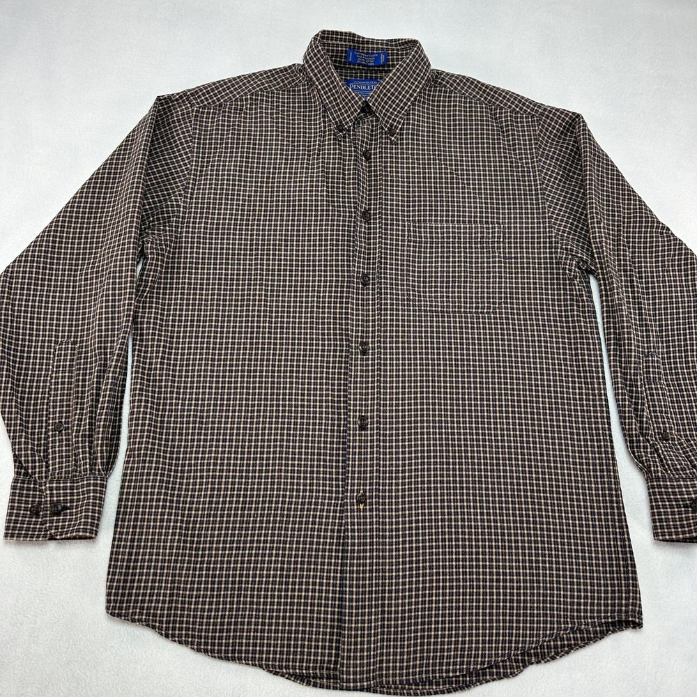 Pendleton Shirt Mens Medium Blue Tan Check Long Sleeve Button Down Cotton Wool